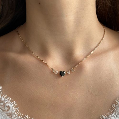 herz kette love gold damen mit schwarzem stein 40165