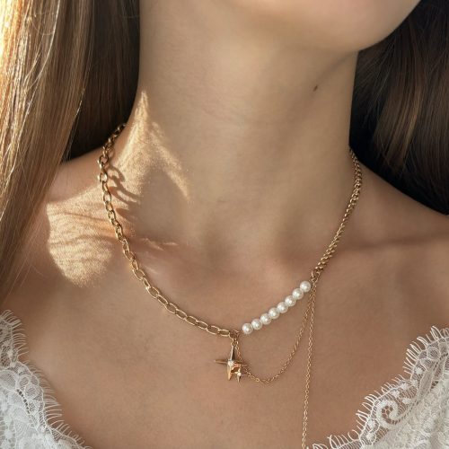 mehrreihige perlenkette gold mit stern anhänger und steinen 40158